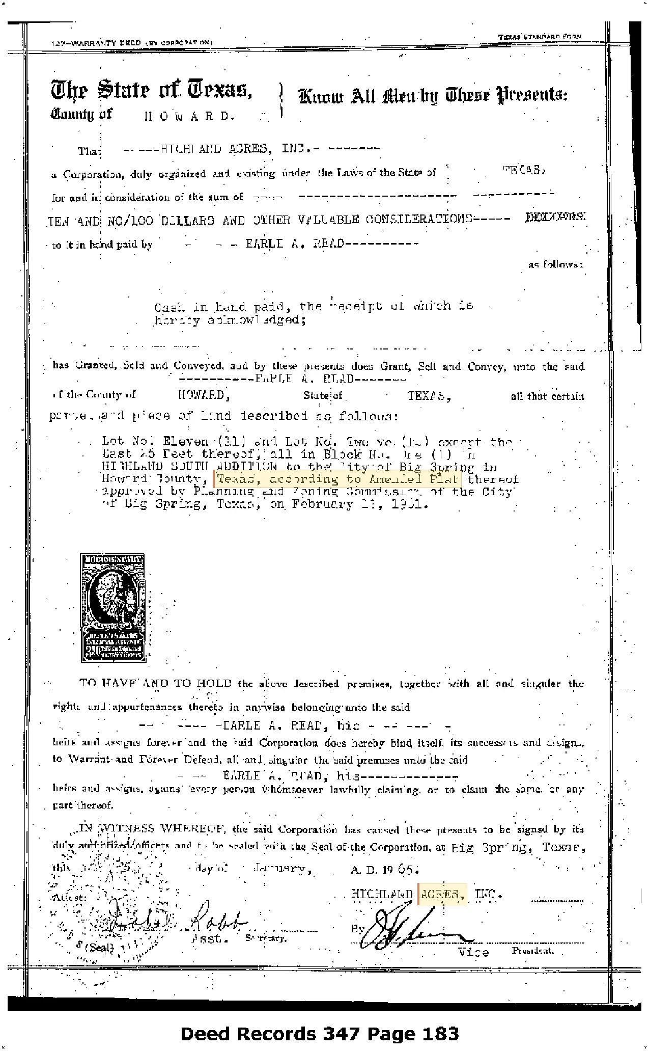 Amended Plat of Highland South Addition to the City of Big Spring (Recorded Deed Facsimile)